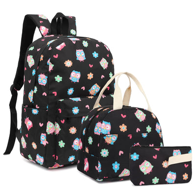 Fuyicat Owl School Backpack Set for Girls 3-in-1 Kids Teens Elementary Middle School Bags Bookbag with Lunch Bag Pencil Case